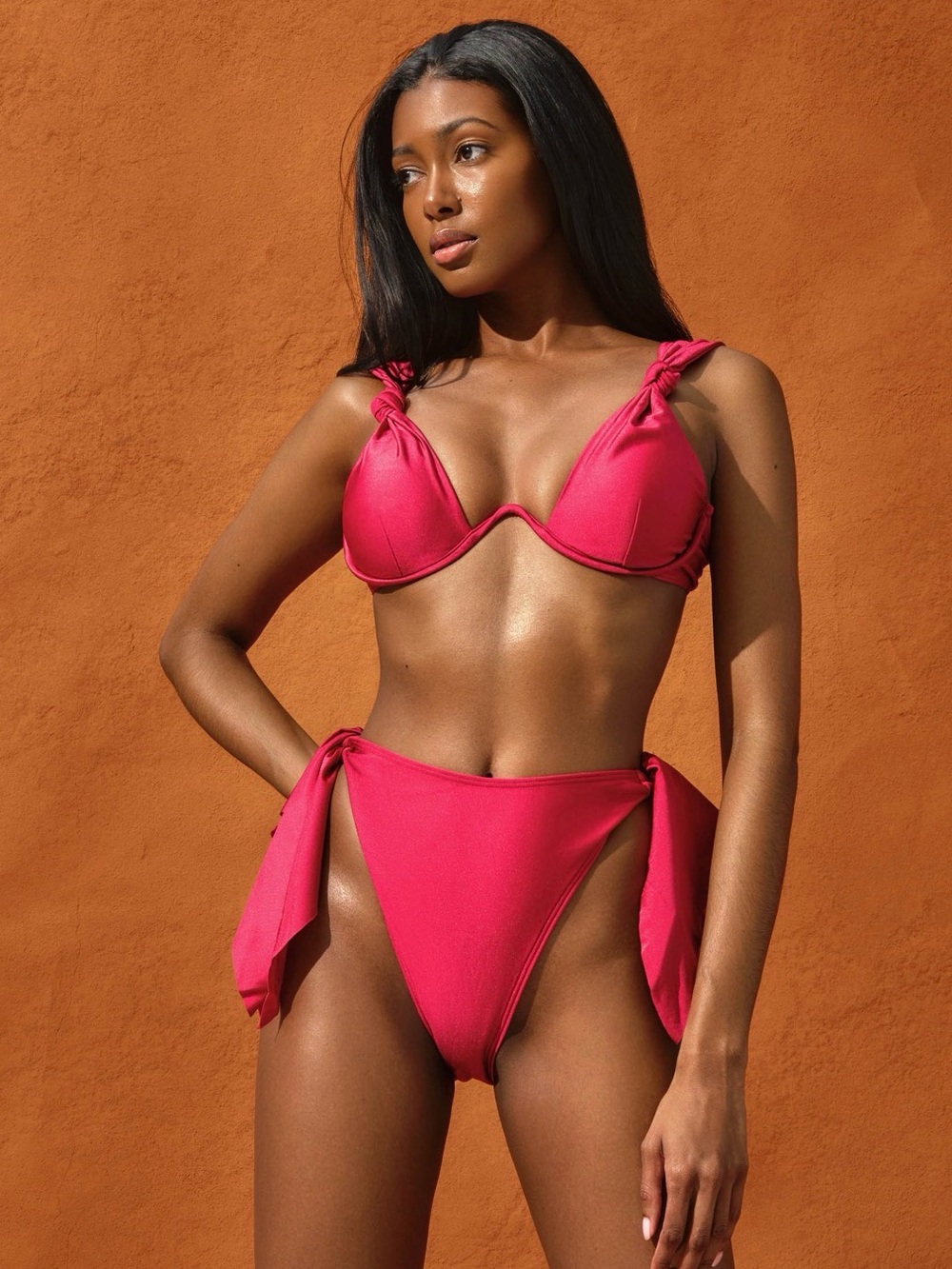 Andrea Iyamah 🌺 Hot Pink Tie Knot Strap Bikini Sculptural Top with Underwire